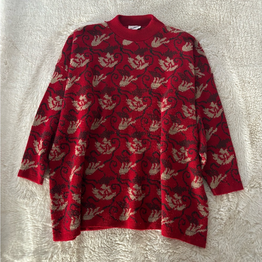 VTG 80s Mathias - Red and Green Holiday Print Mock Neck Oversized Sweater